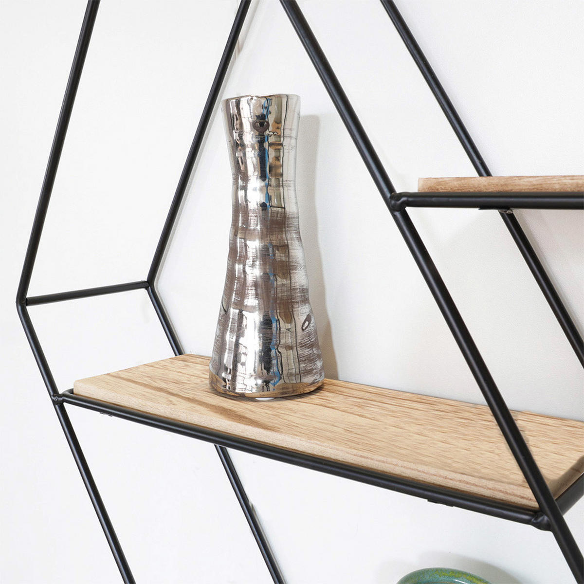 WANDREGAL Schwarzes Metall mit 3 Holzböden - Hexagon diagonal - Schwarz, Metall (55/55/48cm) - IVOL