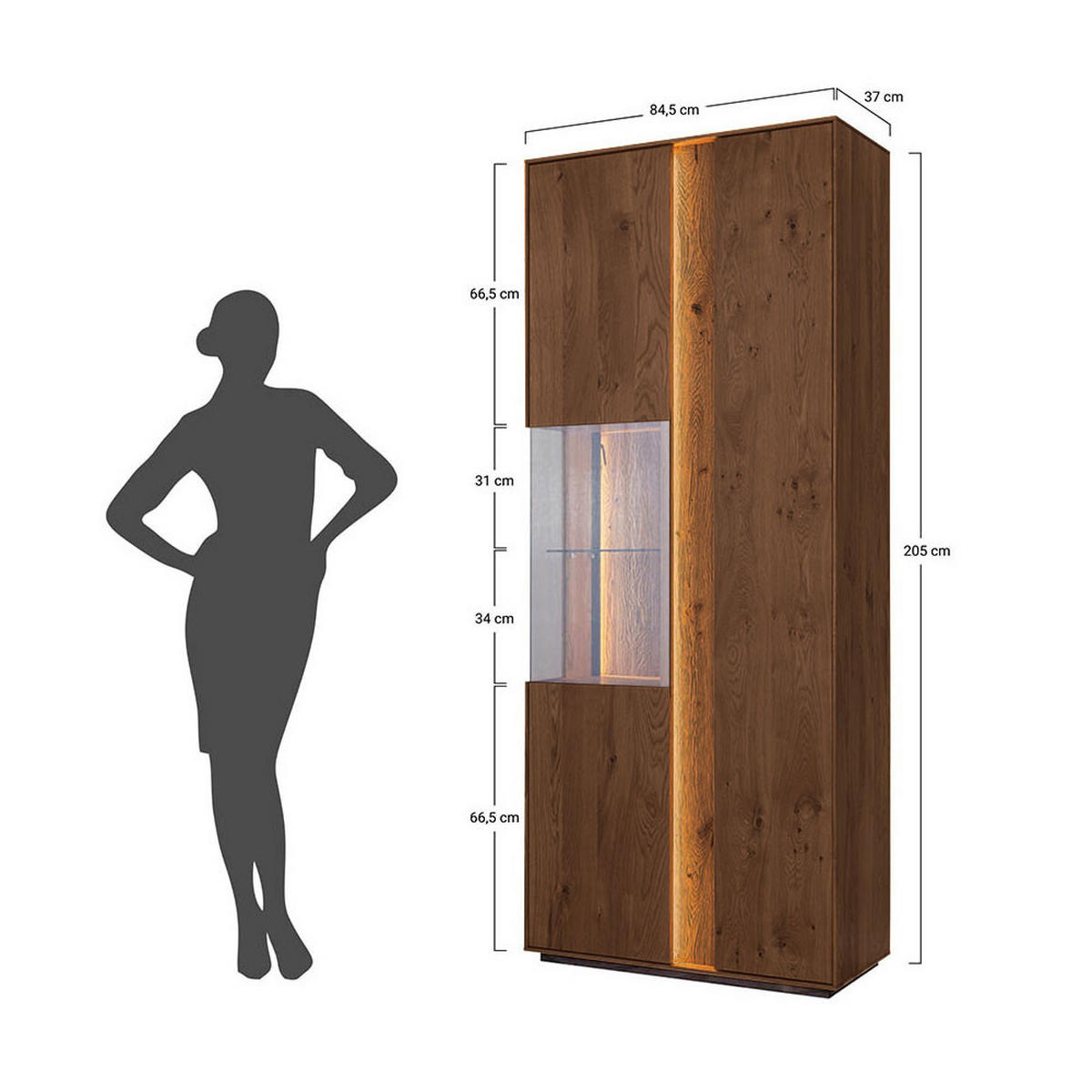 VITRINE Collodi Wildeiche Tabak 84,5 / 37 / 205cm - Wildeiche, Holz (84.5/205/37cm) - Feldmann-Wohnen