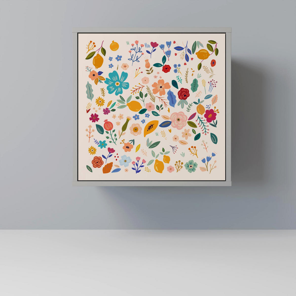 SIDEBOARD FLORAL COMBINATION, Grau, 57,5x42x57,5 cm, Ohne Füße - Multicolor/Grau, Holzwerkstoff (57.5/57.5/42cm) - SpaceRebels
