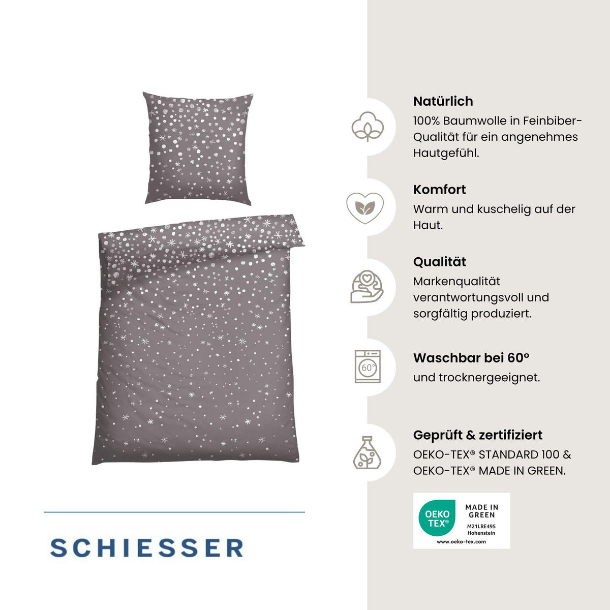 BETTWÄSCHESET Runa - Feinbiber - 2-teilig - 155x220 cm - Grau - Grau, Textil (155/220cm) - SCHIESSER