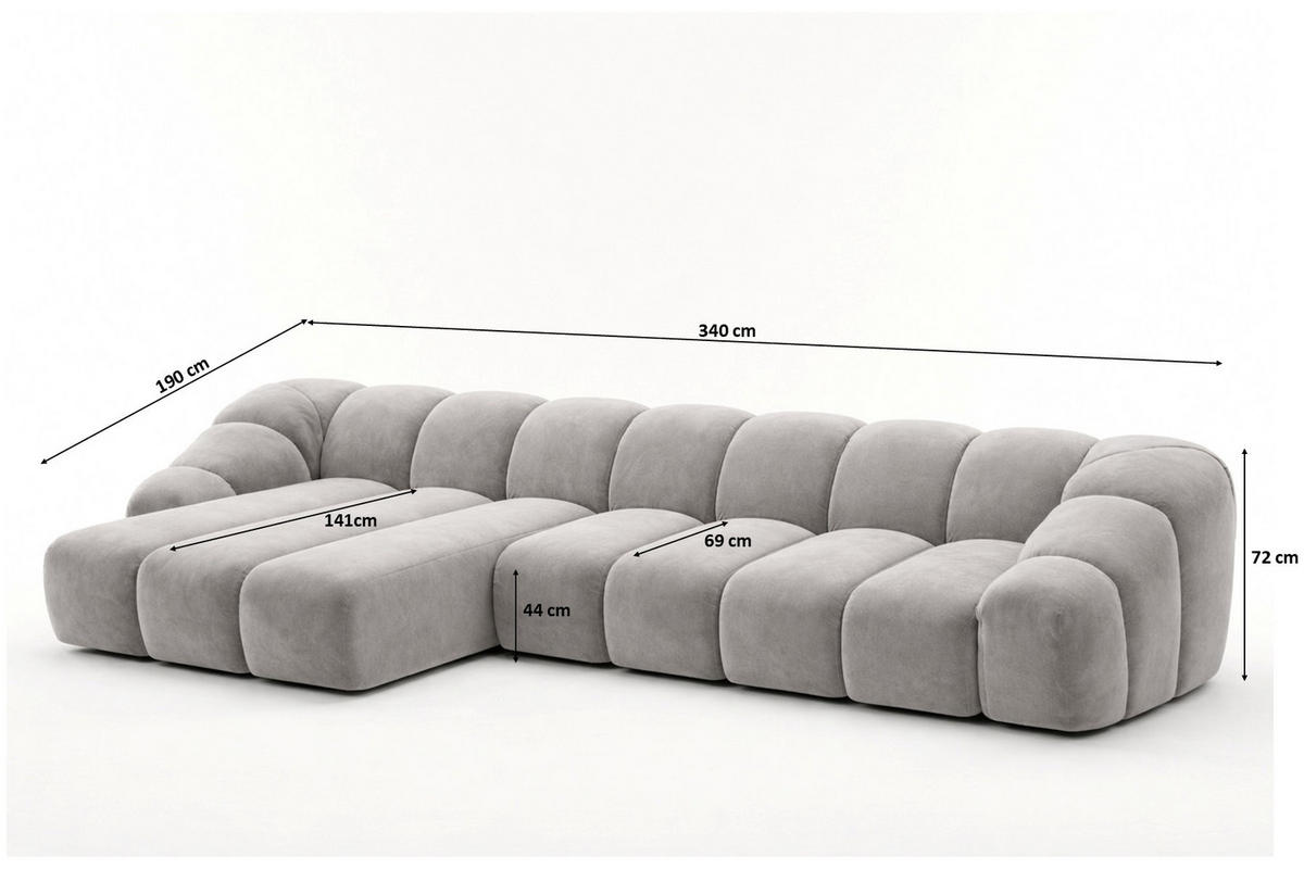 ECKSOFA Modulare L-Form, Veloursstoff Bluvel, Grau, Links, CROISSANT XL - Grau, Holz (340/190cm) - Kaiser Möbel