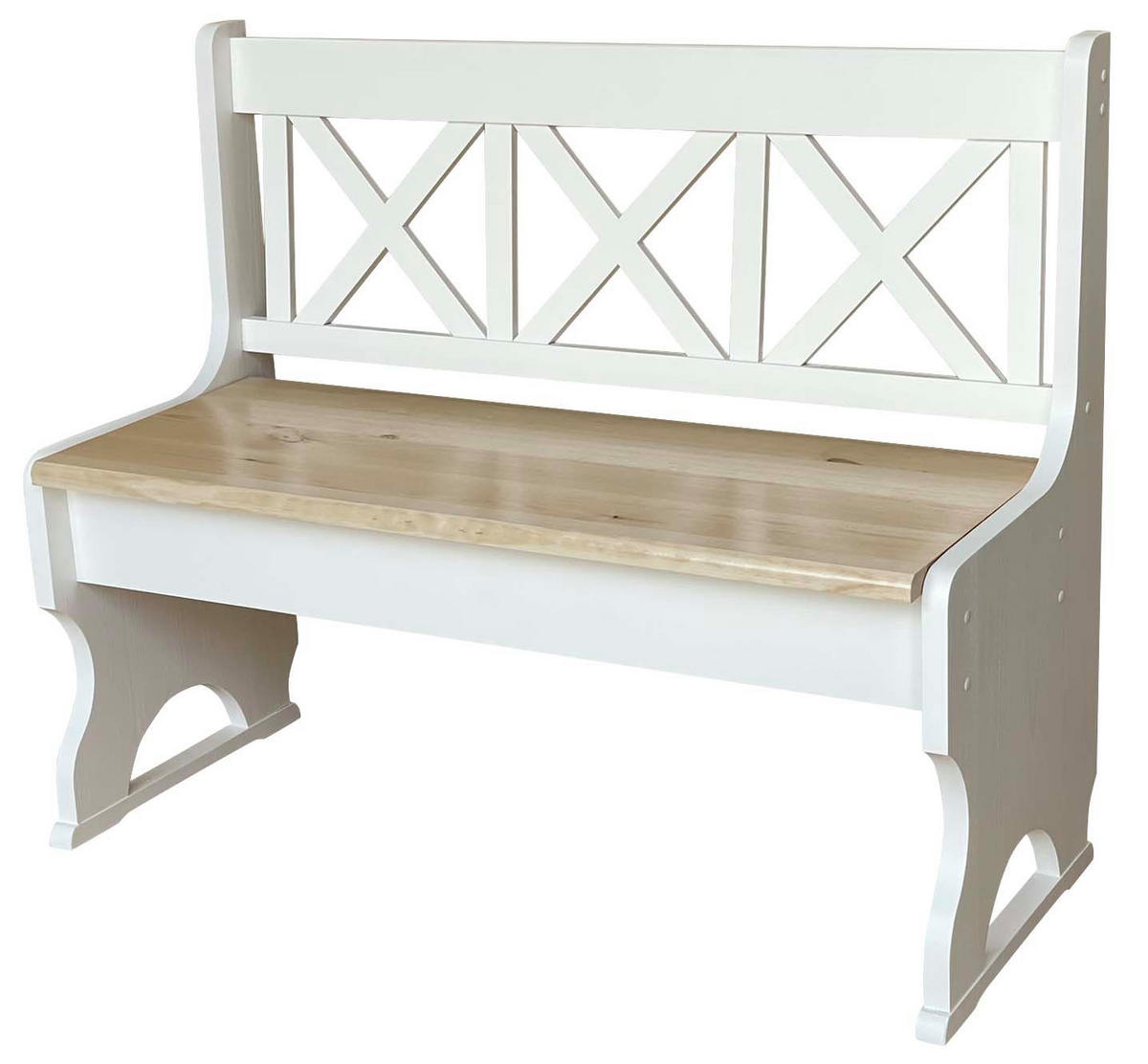 LANDHAUSBANK aus Kiefernholz mit Kreuzlehne, Weiss/Roh, 105 cm - Weiß/Kieferfarben, Holz (105/86/36cm)
