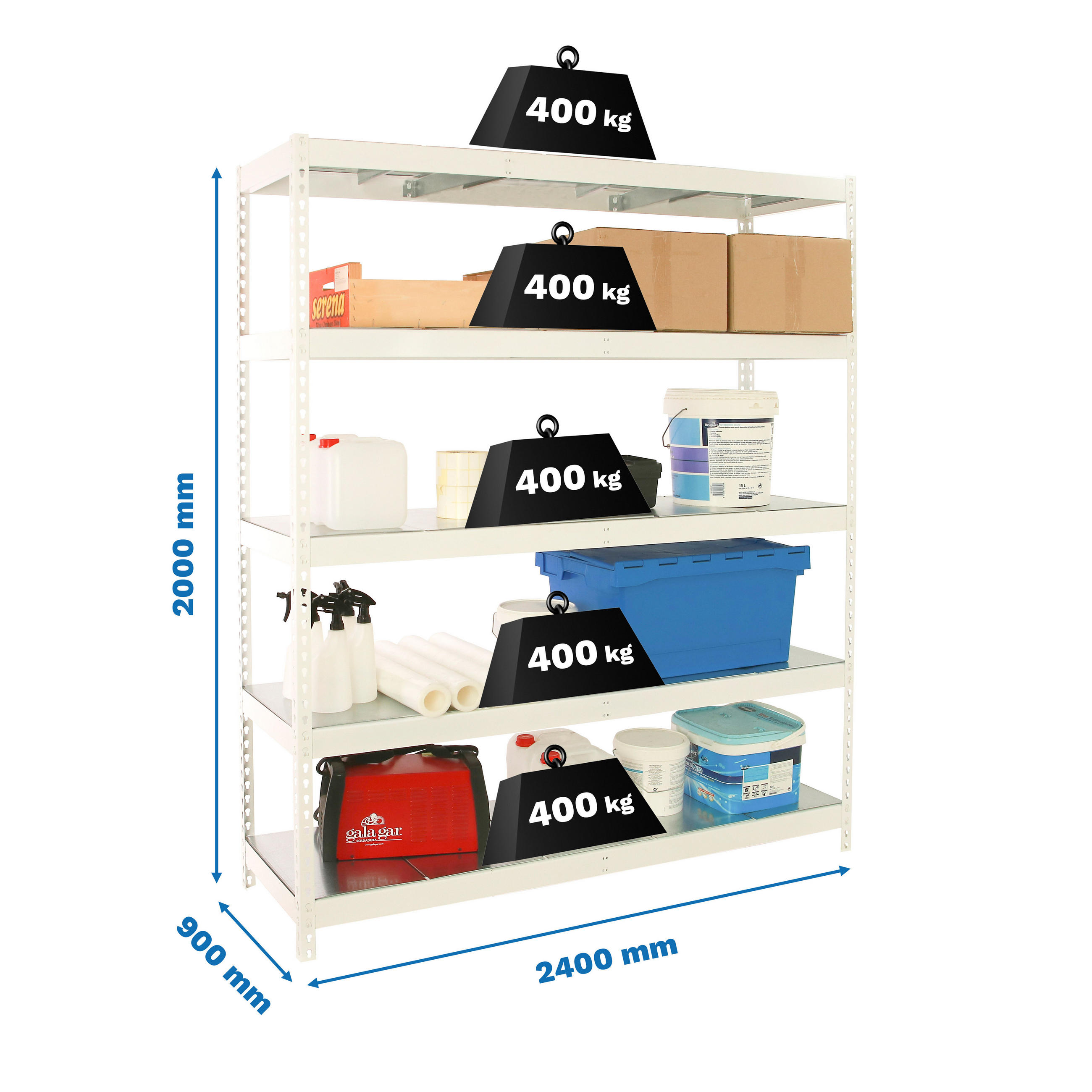 SCHWERLASTREGAL Metal Beast Five HxBxT 200 x 240 x 90 cm Fachlast 400 kg Weiß - Weiß, Metall (240/200/90cm) - PROREGAL