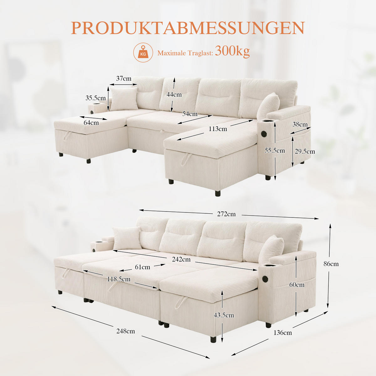 SCHLAFSOFA 4-Sitzer mit Chaiselongues, USB und Stauraum, Beige - Beige, Textil (272/86/136cm)