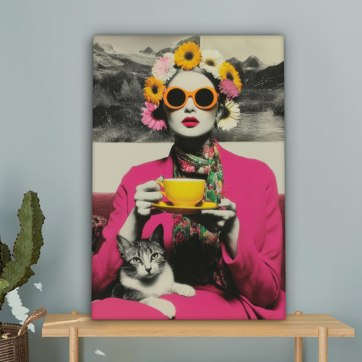 LEINWANDBILD Frau - Katze - Blumen - Tasse - Retro Wanddeko 40x60 cm - Magenta, Textil (40/60cm) - MuchoWow