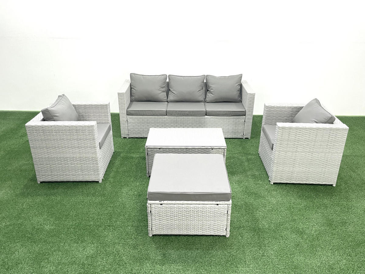 GARTENMÖBELSET mit 3-SITZER SOFA,COUCHTISCH Polyrattan Hellgrau-Mix 6-Sitzer - Hellgrau/Grau, Glas/Kunststoff - Fimous