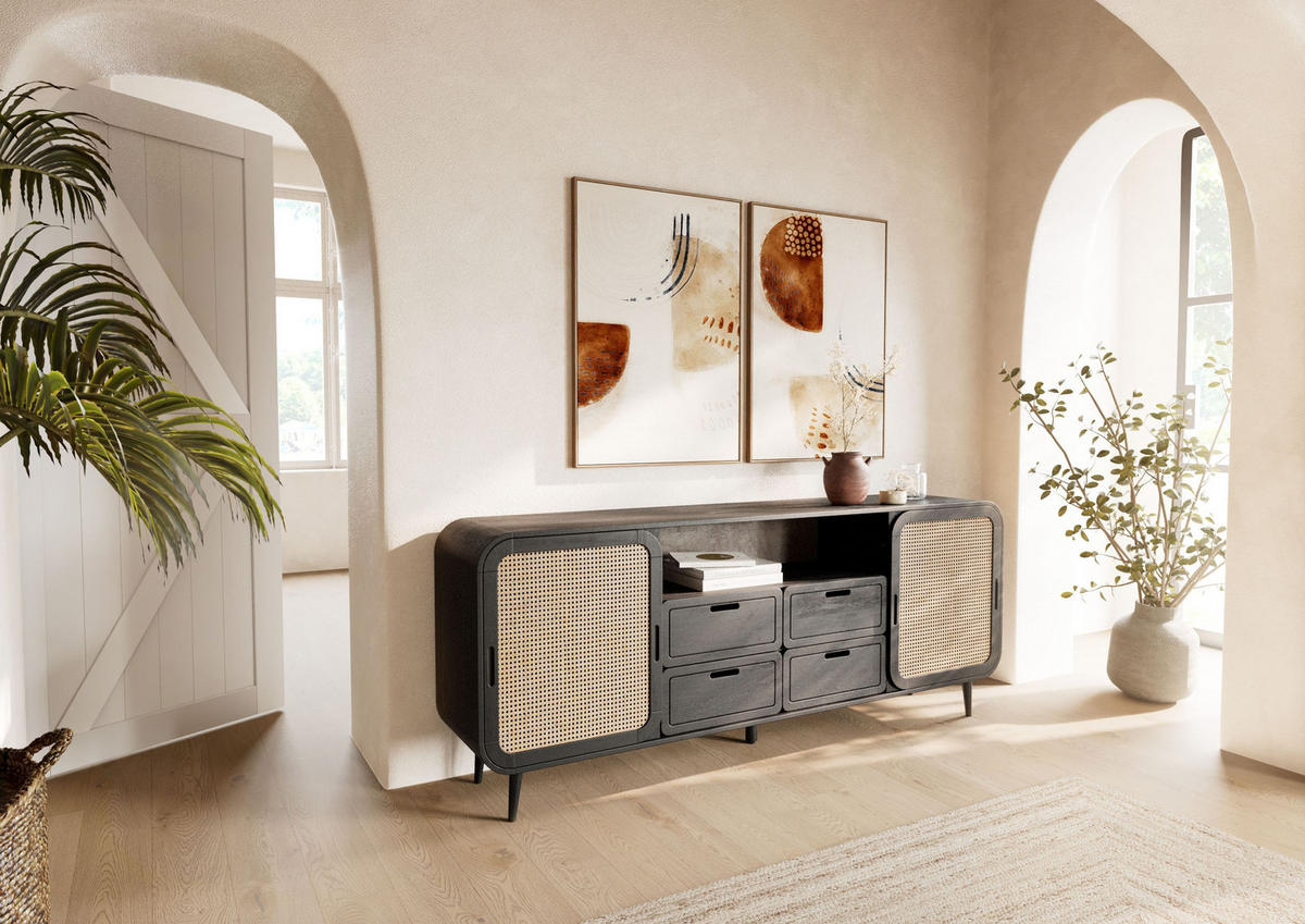 SIDEBOARD Mango 200x40x80 dunkelgrau lackiert VALENCIA #220 - Grau, Holz (200/80/40cm) - Massivmoebel24