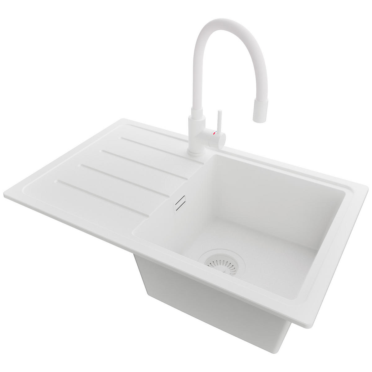 GRANITSPÜLE Kopenhagen Easy, 2-er set Alles Weiß 70/44 cm 1 Becken + Küchenarmatur 38/14 cm + Ablauf-Set ab 45er Unterschrank - Weiß, Kunststoff (70/20/44cm) - Primagran