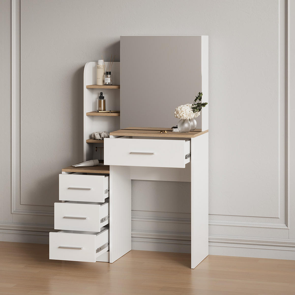 SCHMINKTISCH Loreta Weiß/Sonoma 80 cm - Weiß/Sonoma Eiche, Holzwerkstoff (80/131.6/36cm) - Livinity®