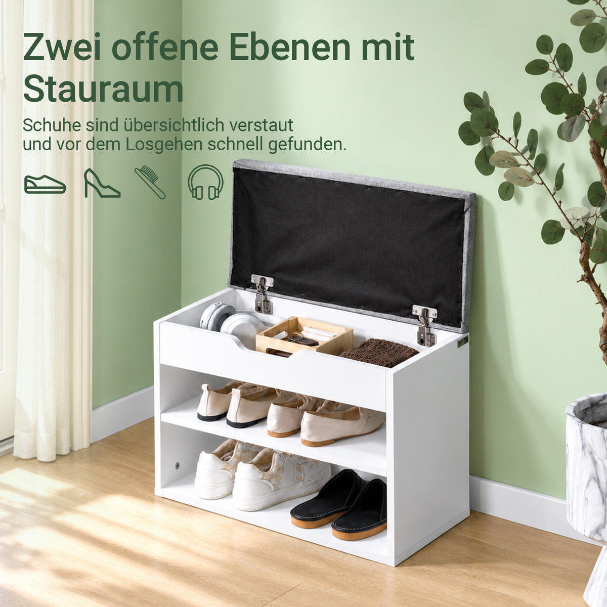 SITZBANK mit Stauraum, 60x30x44 cm, gepolstert, bis 120 kg, offene Fächer & Staufach oben, für Flur, Schlafzimmer & Wohnzimmer - Grau, Holzwerkstoff (60/44/30cm) - SoBuy