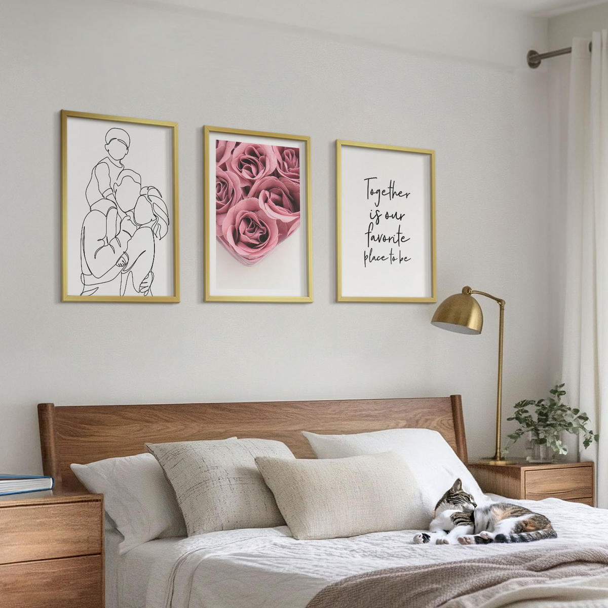 WANDBILDER 3er Set - 40x60 cm Goldrahmen - Rosensträuße als Familienzeichnung - Goldfarben, Kunststoff (40/60cm) - ArtPrintCave