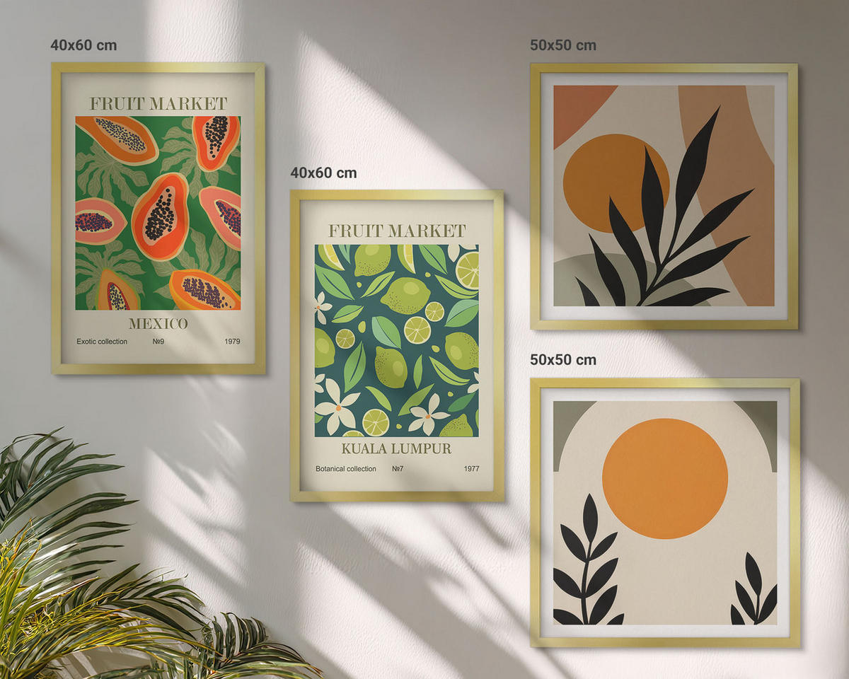 BILDER SET 4er Set - 50x50 cm & 40x60 cm Goldrahmen - Boho-Papaya-Fruchtmuster - Goldfarben, Kunststoff (50/50cm) - TULUP