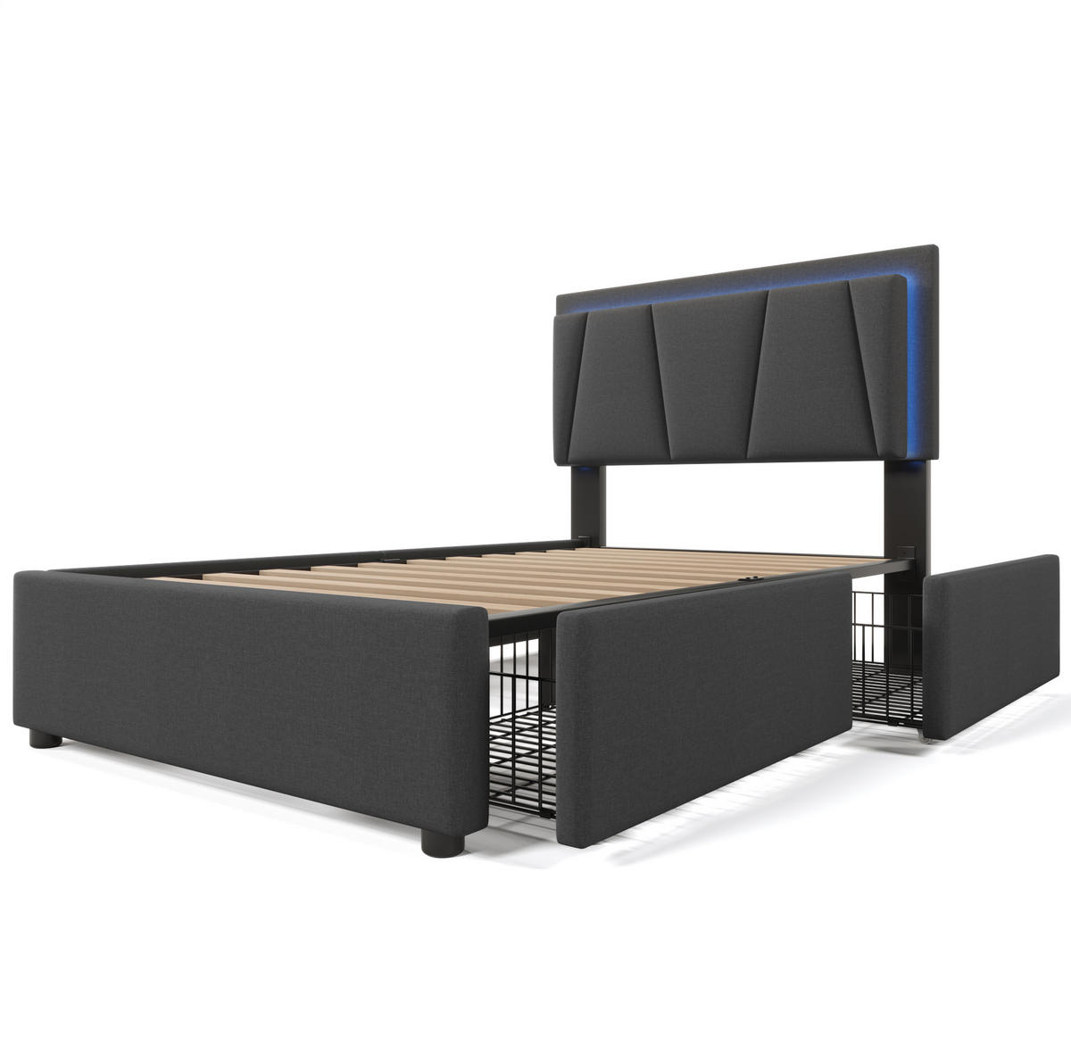 POLSTERBETT 90/200 cm grau mit LED-Beleuchtung und zwei Schubladen - Grau, Holz (90/200cm) - OKWISH