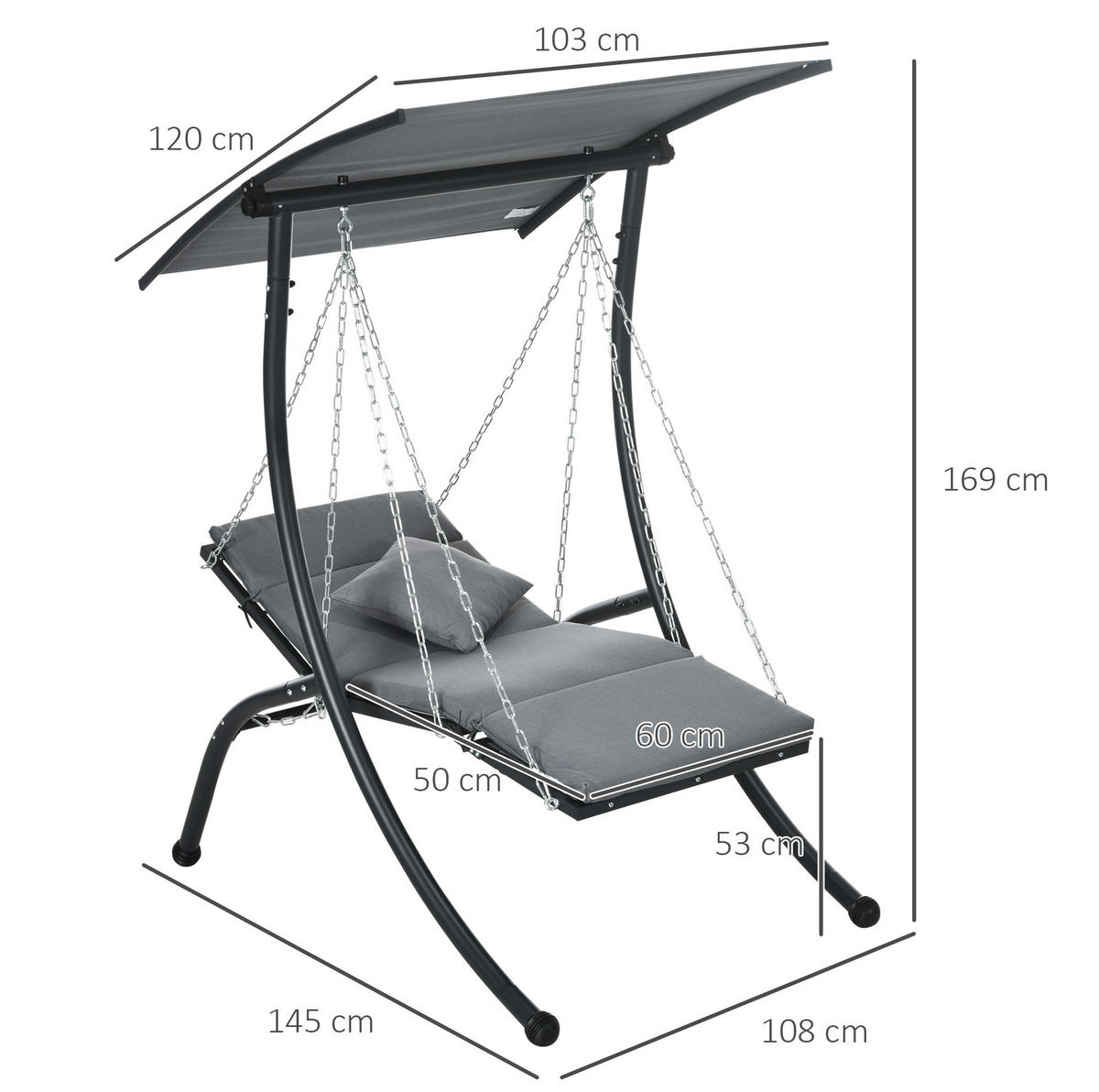 HOLLYWOODSCHAUKEL Gartenschaukel 108/145/169 cm aus Stahl mit verstellbarem Dach und Liegefunktion Dunkelgrau - Dunkelgrau, Metall (145/169/108cm) - Modenvie