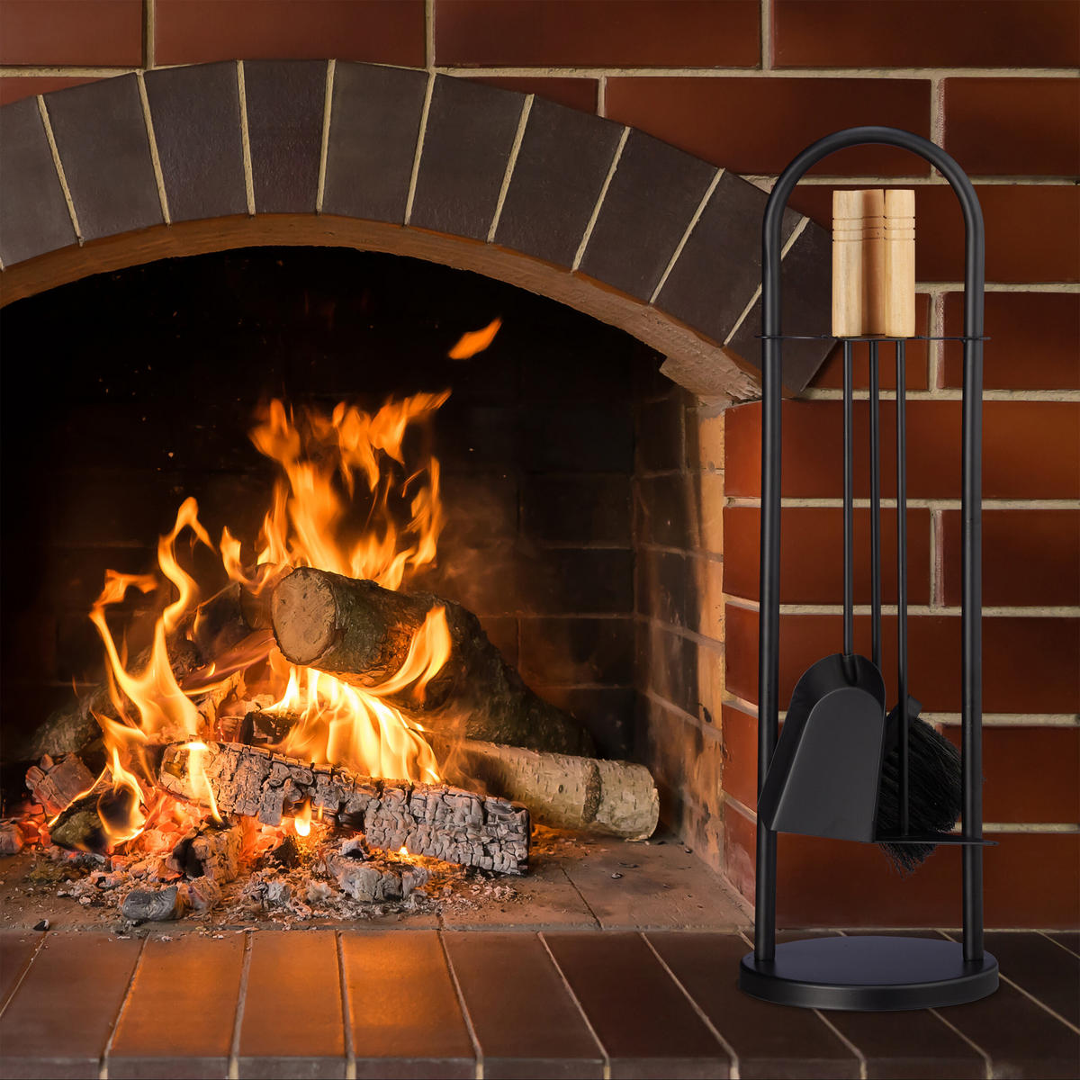 KAMINBESTECK 4tlg. - Schwarz, Holz/Metall (20/68.5/20cm) - Relaxdays