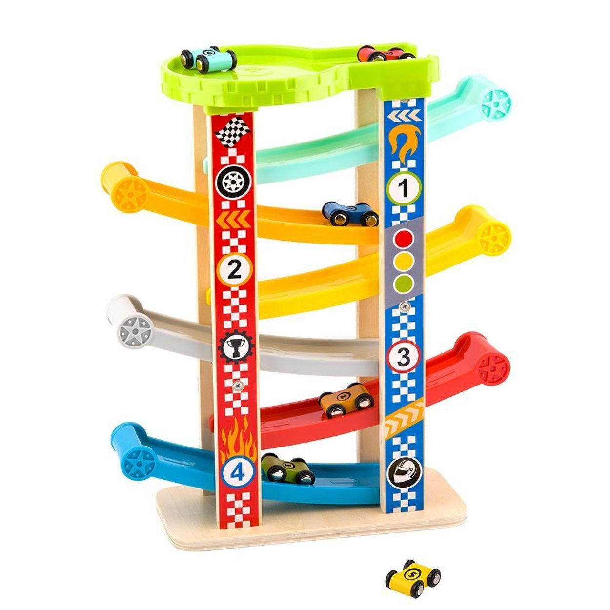 SPIELZEUGAUTO Rennbahn TY841 bunt Holz, Rutschturm, 7 Ebenen, 6 Rennautos, Motorik, ab 18 Monate - Multicolor, Holz (32/37/11cm) - Tooky Toy