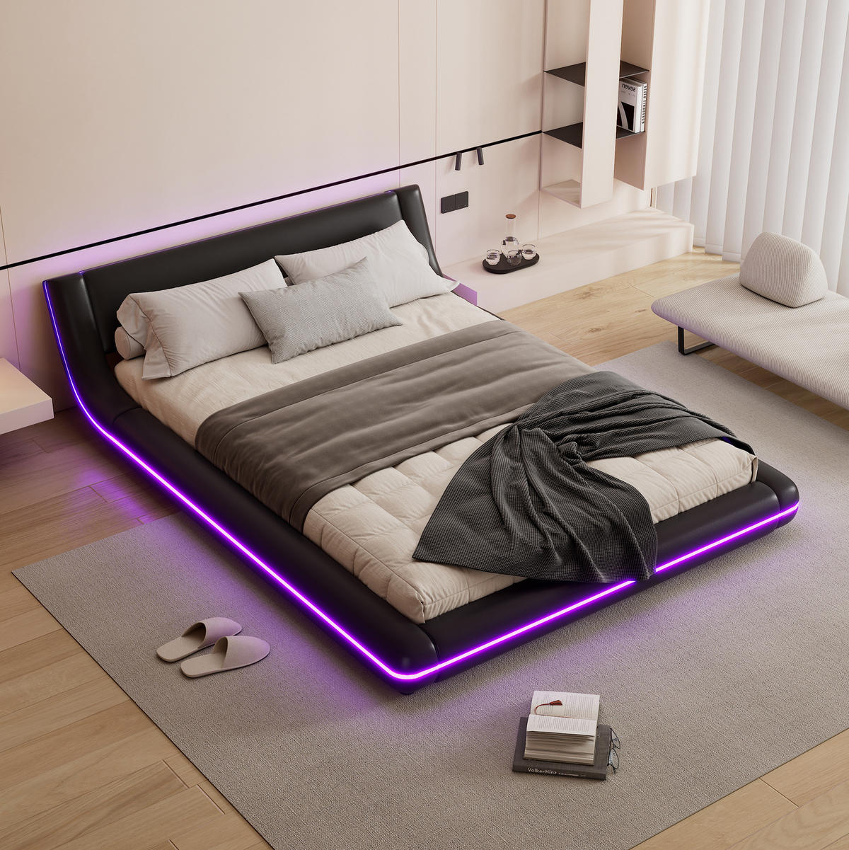 BODENBETT 140/200 cm Schwarz mit LED-Umgebungslicht - Schwarz, Kunststoff (140/200cm) - OKWISH