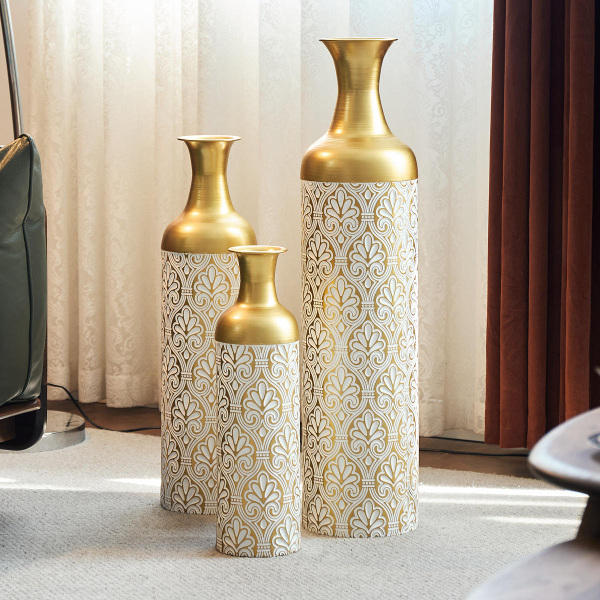 BODENVASE 3-tlg 50/66/83cm Bodenvase-Gold Metallvase mit Punkte-Muster Vintage-Übertopf - Goldfarben, Metall (91.45cm) - Raelunyi