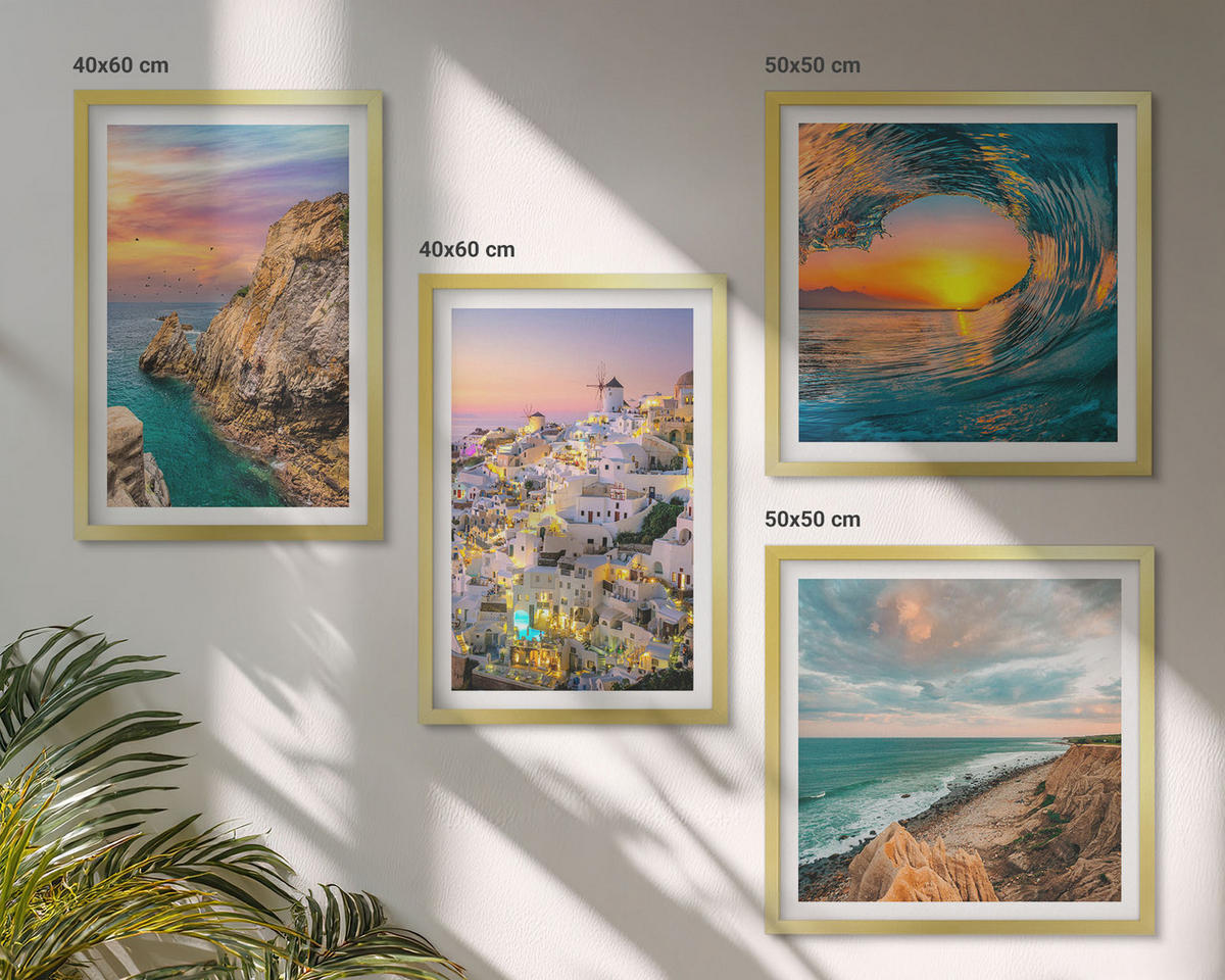 BILDER SET 4er Set - 50x50 cm & 40x60 cm Goldrahmen - Meereswellen, weiße Häuser, Santorini - Goldfarben, Kunststoff (50/50cm) - TULUP