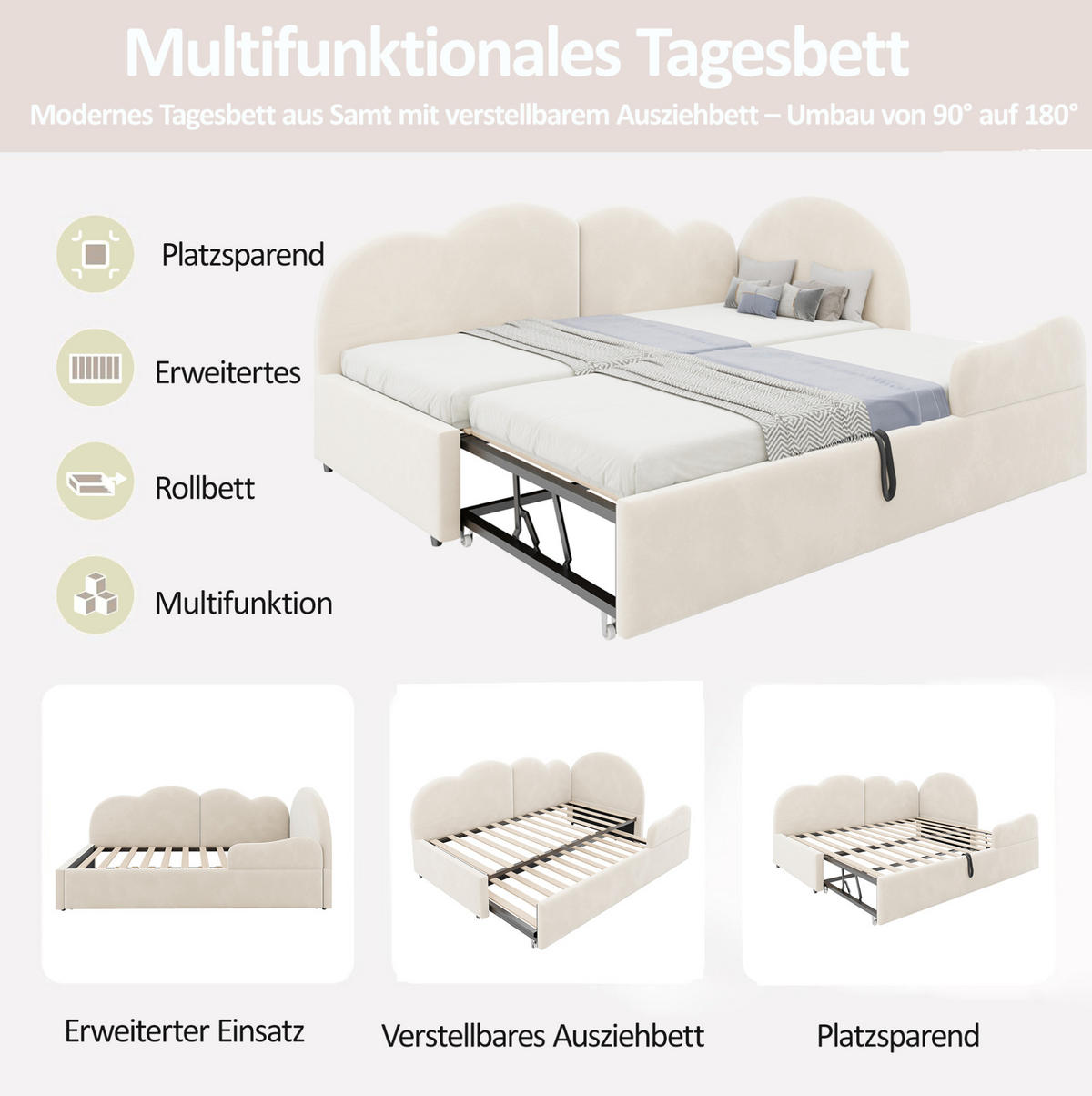 POLSTERBETT 90/200 cm aus Samt mit Wolken-Kopfteil, Beige - Beige, Textil (90/200cm) - OKMYHOME