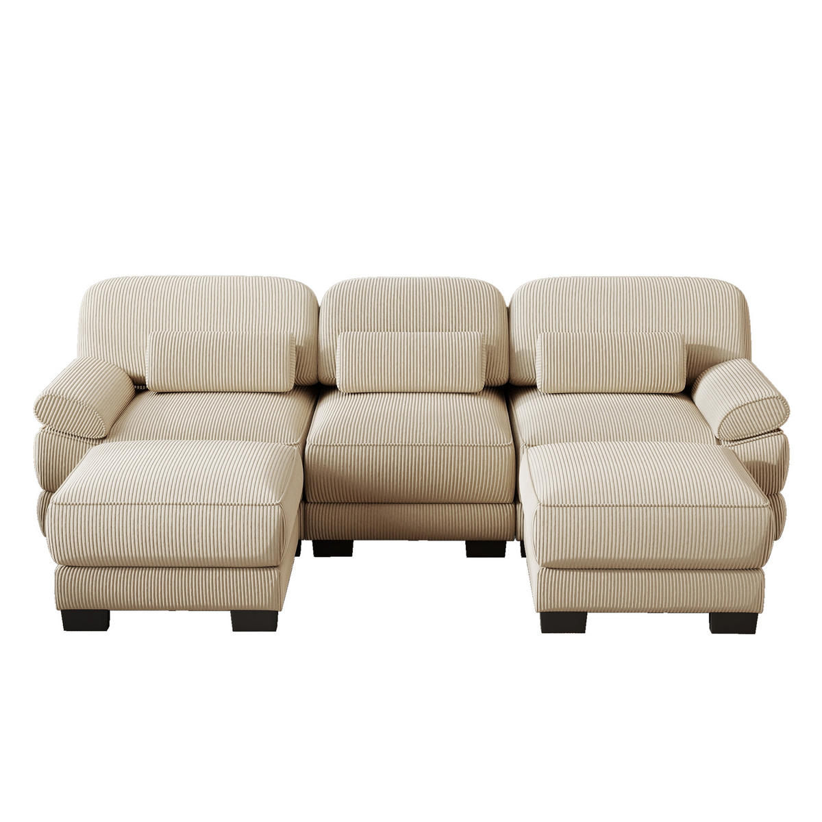 WOHNLANDSCHAFT 3-Sitzer U-Form mit 2 Hockern, DE-42659, Beige - Beige, Holz (265/94/161cm) - ComfortXL