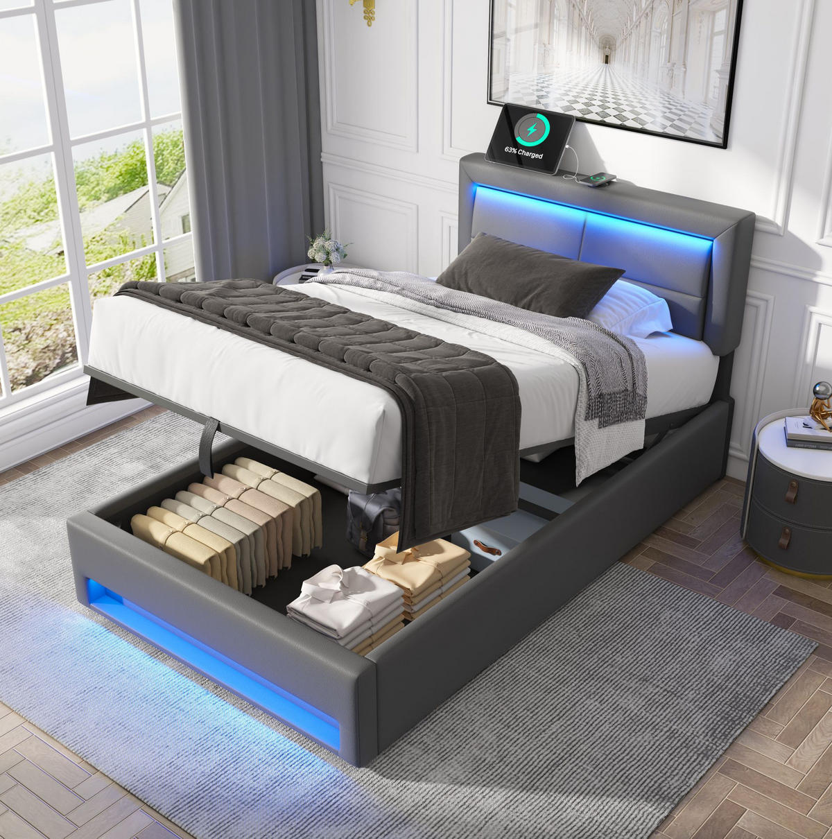 POLSTERBETT aus PU 90x200 cm Grau mit USB-Ladefunktion, LED-Beleuchtung und Stauraum - Grau, Leder (90/200cm) - IVMEU