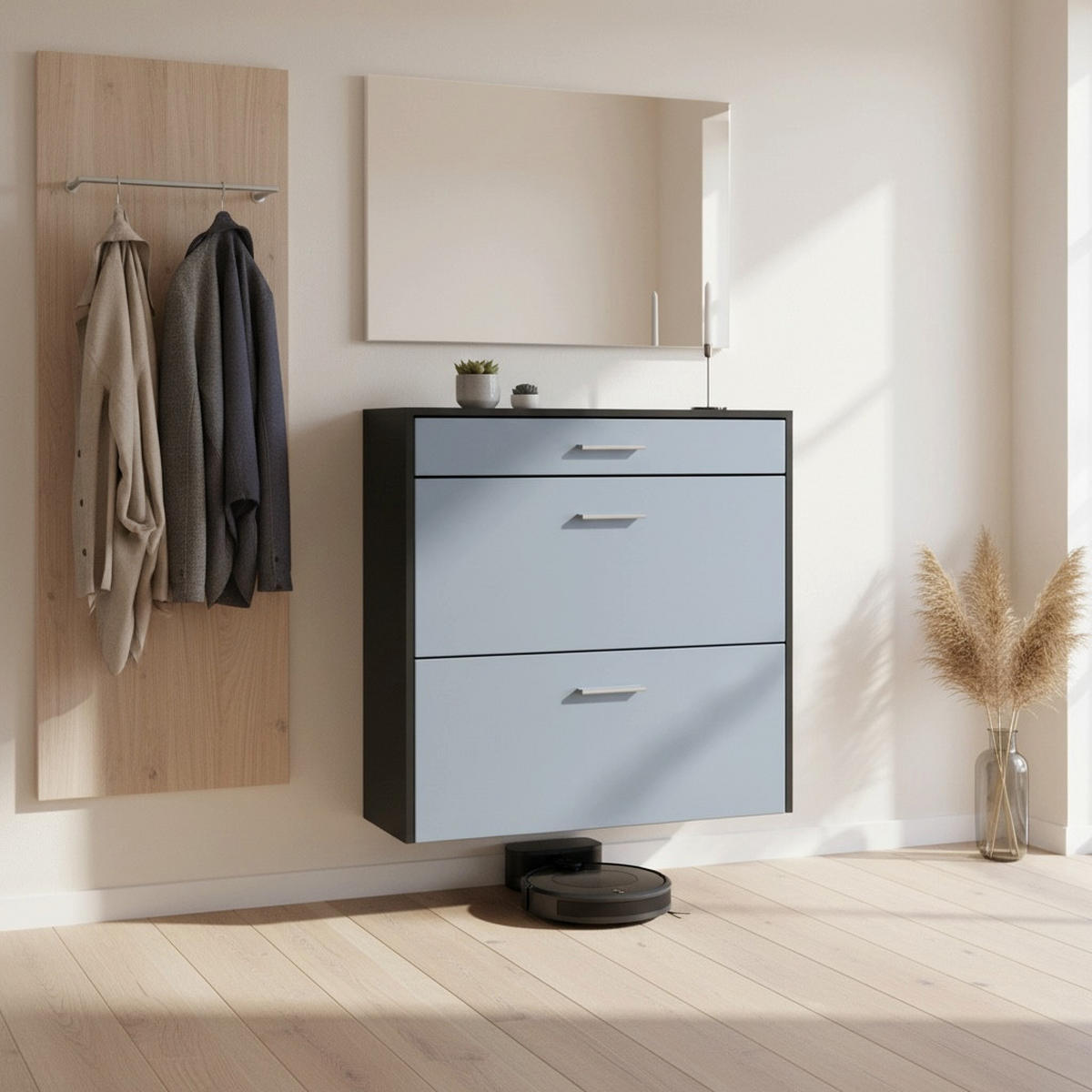 HÄNGENDER-SCHUHSCHRANK Roma Air Schmal mit 2 Klappen und 1 Schublade, Platzsparender Schuhkipper, Schwarz/Beton Oxid Optik (89 x 87 x 23 cm) - Pastellblau, Holzwerkstoff (89/87/23cm) - InnoFurn