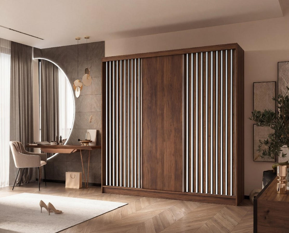 SCHWEBETÜRENSCHRANK Erika 240 cm mit Lamellen ohne Spiegel 3-türig, Nuss Warmia, weiß - Dunkelbraun/Weiß, Kunststoff (240/216/51cm) - Margaret Hadas24
