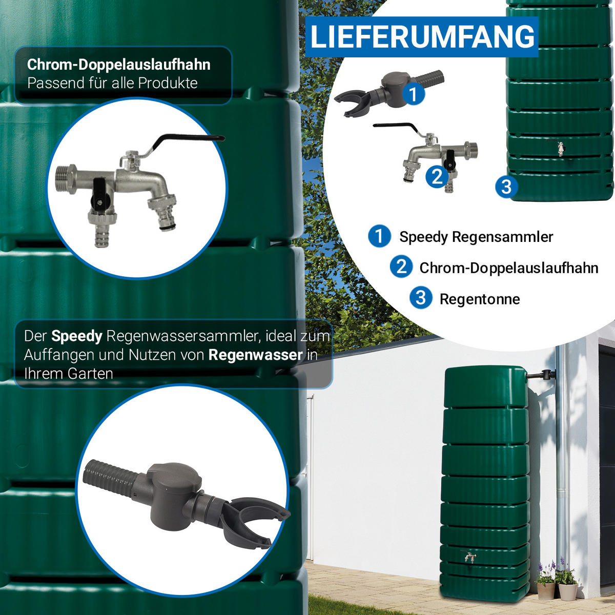 REGENTONNE Wandtank Komplett-Set 650 L, dunkelgrün inkl. Chrom-Doppelauslaufhahn und Fallrohranschluss - Grün, Kunststoff (79/210/52cm) - 4rain