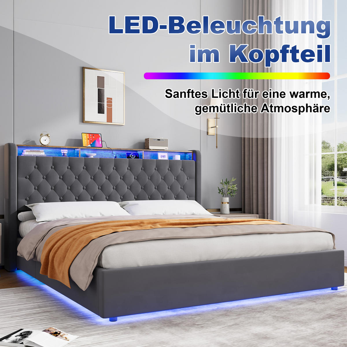 POLSTERBETT 180/200 mit Bettkasten und Stauraumbett mit Schubladen und LED Funktionbett ohne Matratze - Grau, Holzwerkstoff/Textil (180/200cm) - STILVORA