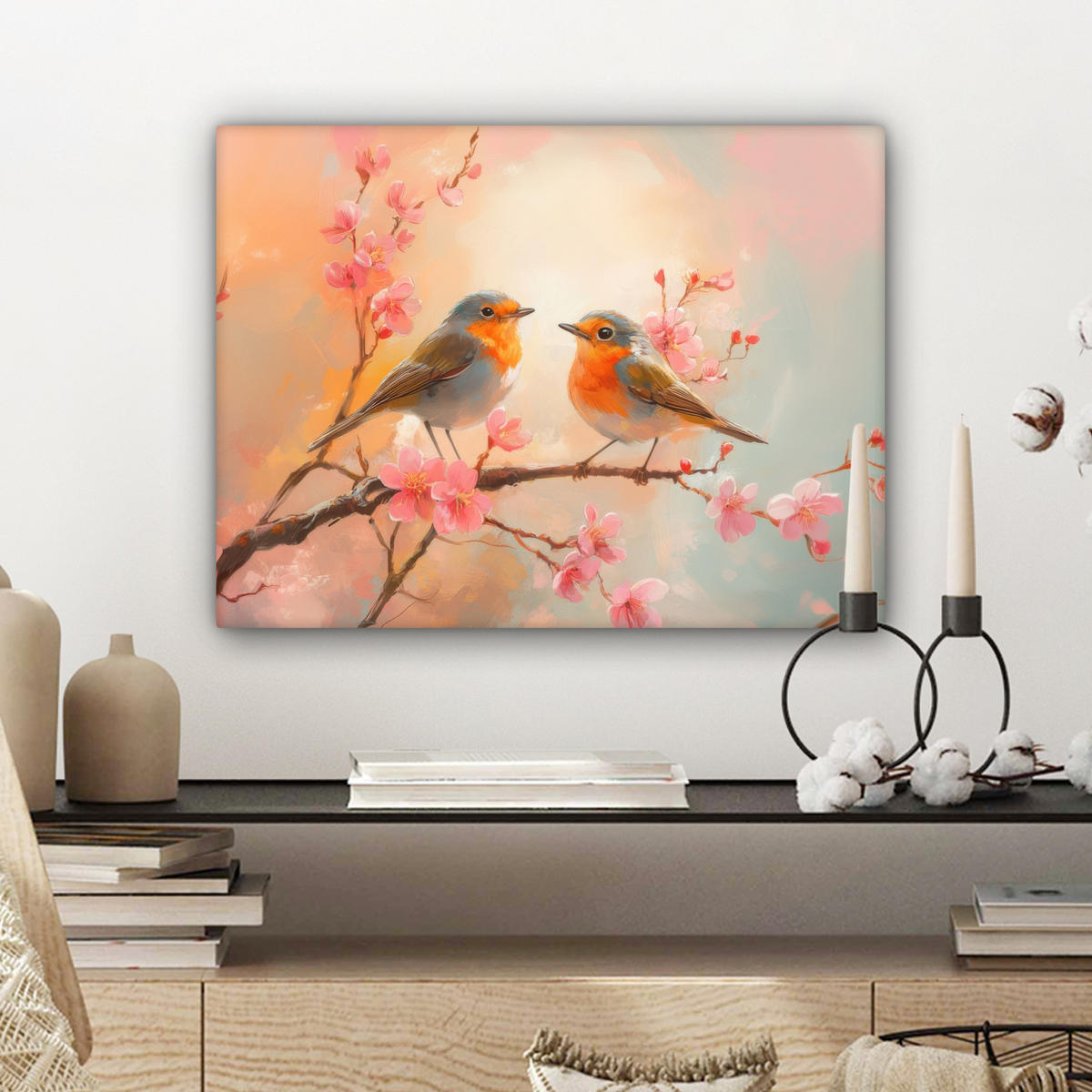 LEINWANDBILD Rotkehlchen - Zierpflanze - Blütenzweig Wandbild 40x30 cm - Hellrosa, Textil (40/30cm) - MuchoWow