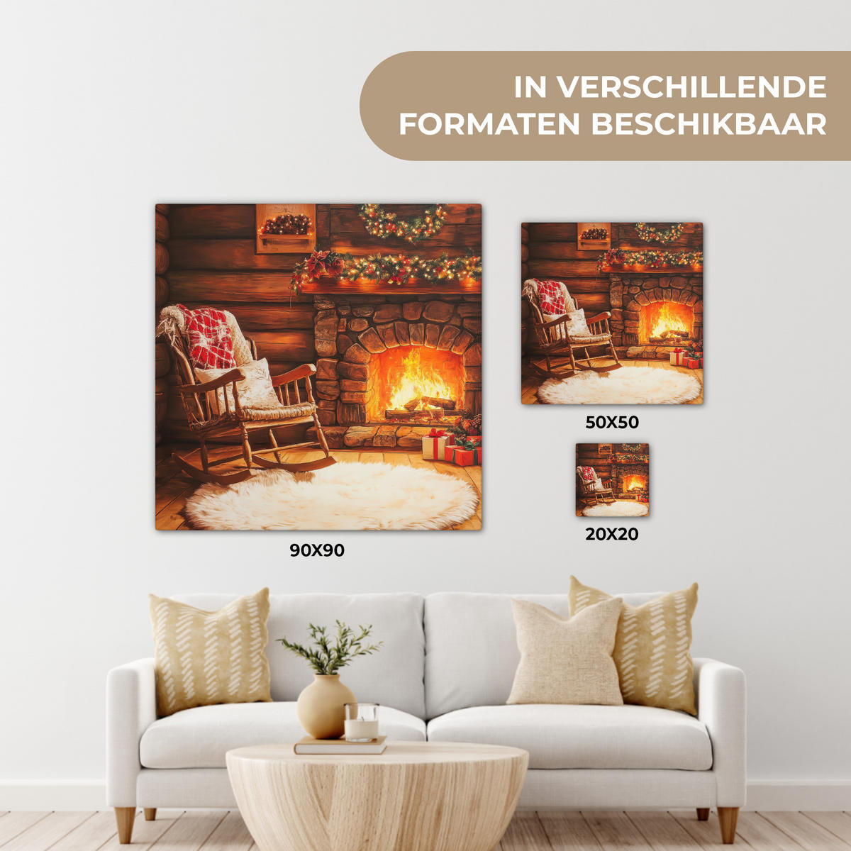 LEINWANDBILD Winter - Weihnachten - Zuhause - Kamin 50x50 cm - Bernsteinfarben, Textil (50/50cm) - MuchoWow