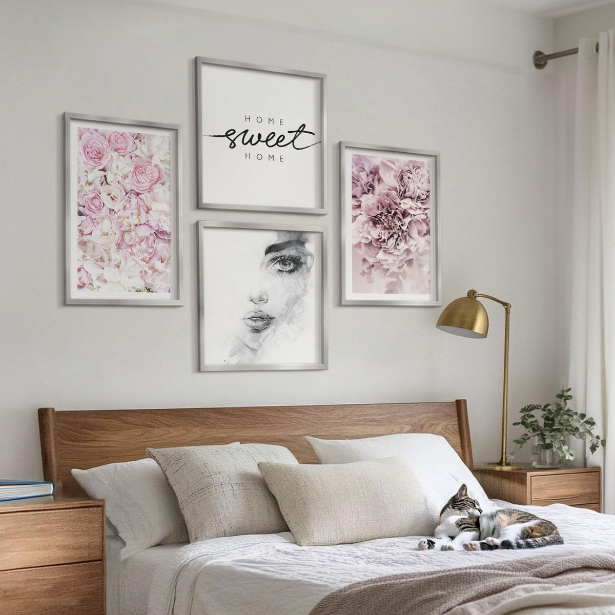 WANDBILDER 4er Set - 50x50 cm & 40x60 cm Silberner Rahmen - Pfingstrosenporträt einer Frau für Zuhause - Silberfarben, Kunststoff (50/50cm) - ArtPrintCave