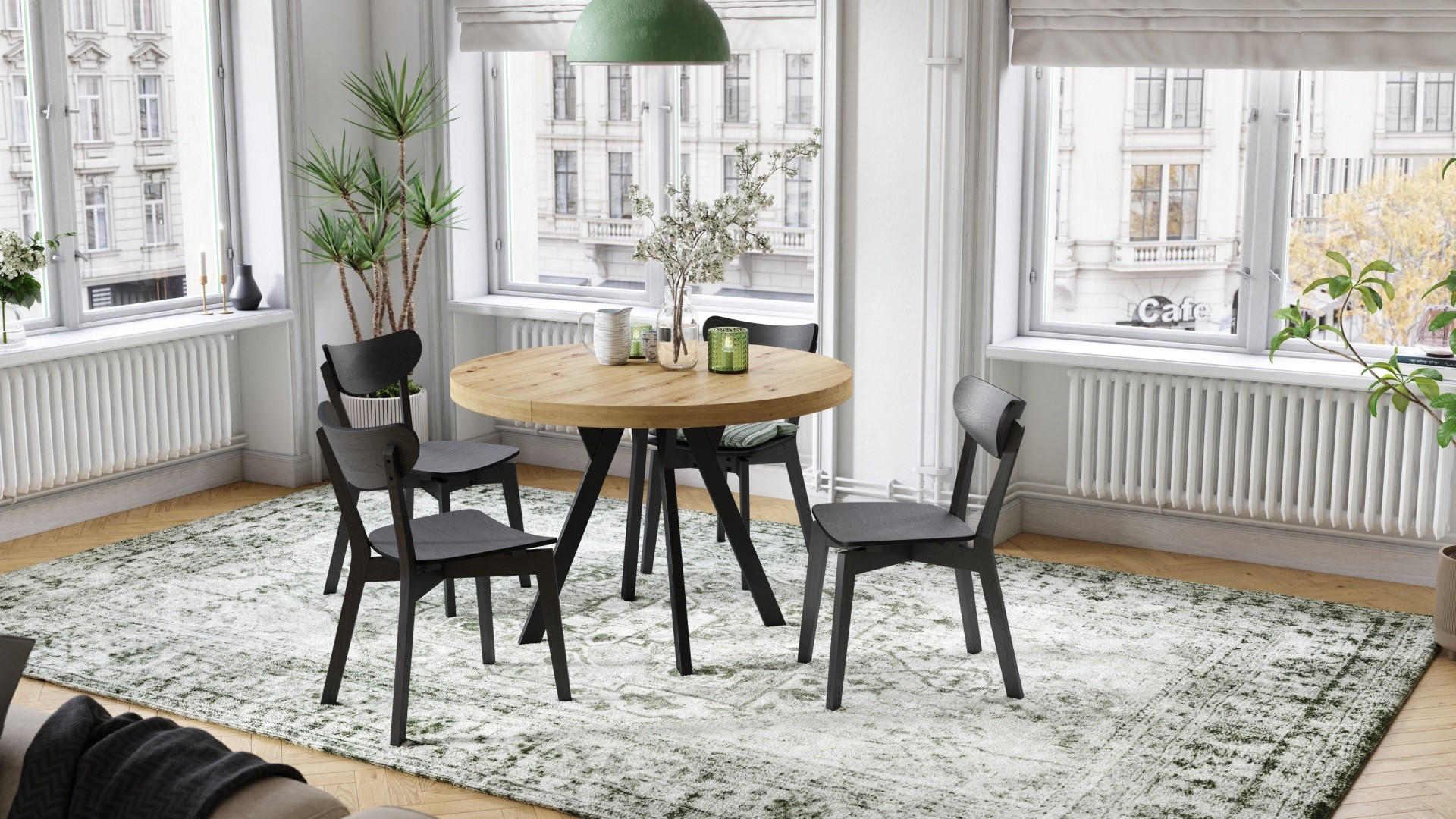 ESSTISCH rund Eiche Artisan - Schwarz matt ausziehbar - Schwarz/Eiche Artisan, Holzwerkstoff (110/110/77cm) - designimpex