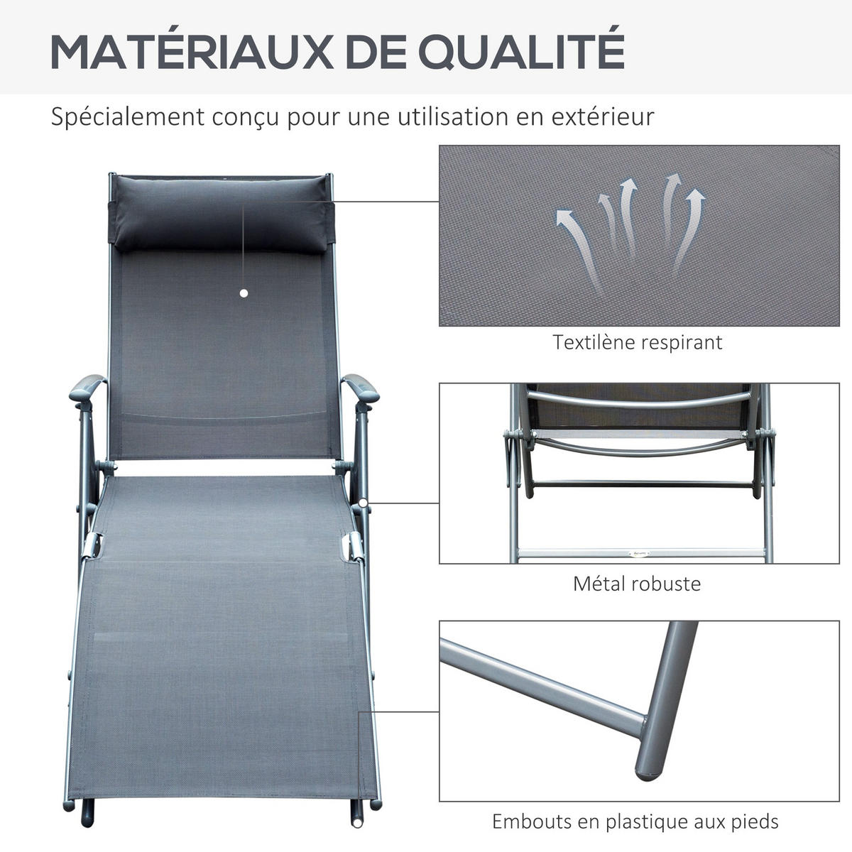 SONNENLIEGE DE-13550 7-fach verstellbar mit Kopfstütze Grau - Grau, Metall (63.5/100.5/137cm) - ComfortXL