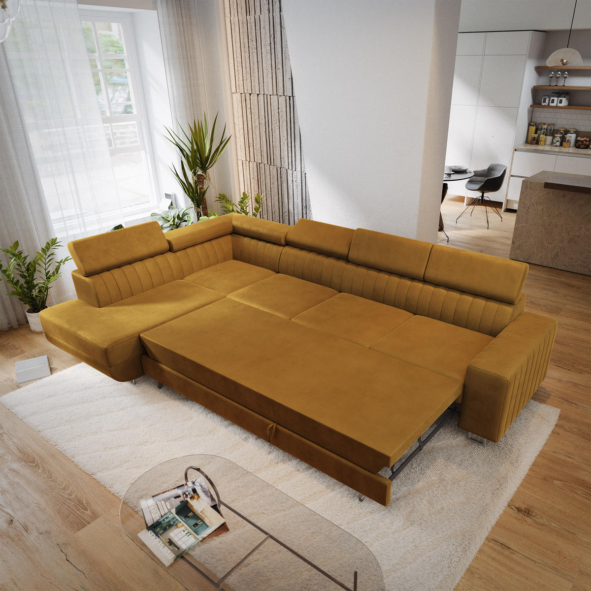 ECKSOFA HESTION Gelb Velours-Stoff mit Schlaffunktion - Gelb, Holz (332/190cm) - MASSENO