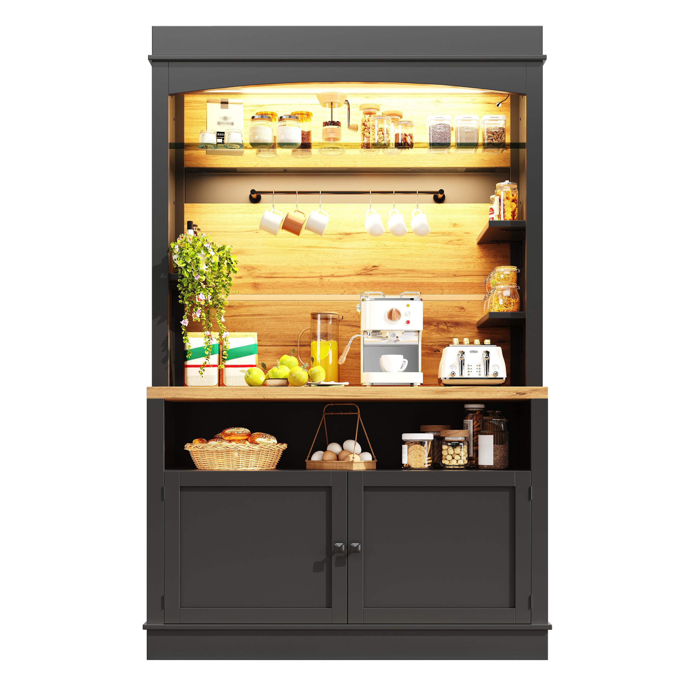 BUFFETSCHRANK Kombi Schwarz 107/43/184 cm - Schwarz, Holz (107/184/43cm) - PANGIVO