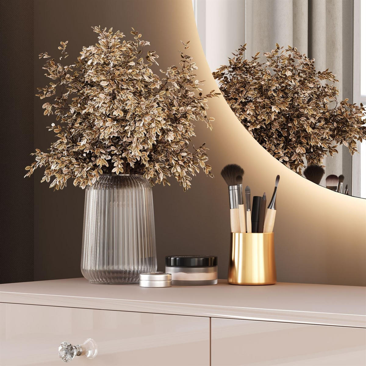 SCHMINKTISCH Blanco Glamour auf verchromtem Gestell mit LED-Spiegel Kristallgriff - Kaschmir/Silberfarben, Holzwerkstoff (100/81/42cm) - Lookway