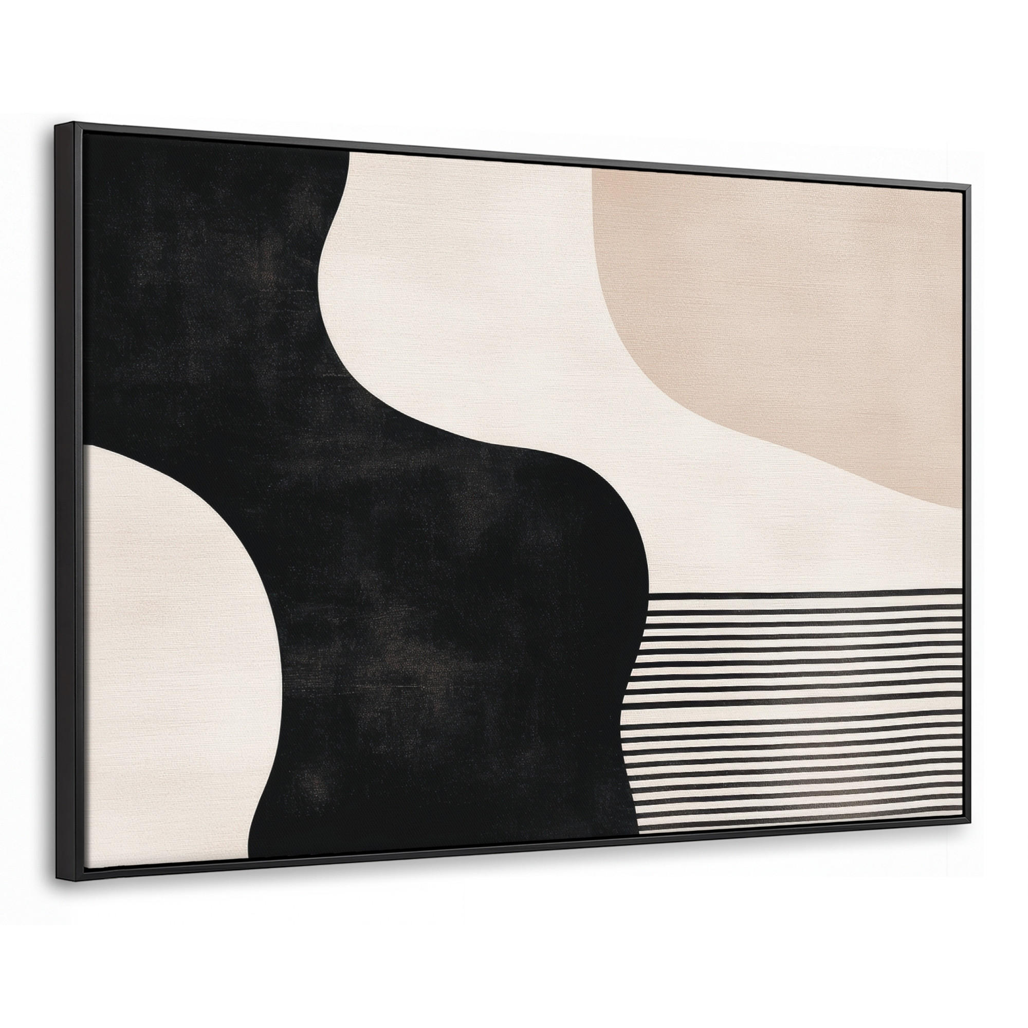 LEINWAND Bilder mit Rahmen - Abstrakt - Japandi - Beige - Modern - 140x90 - Schwarz, Textil (140/90cm) - MuchoWow