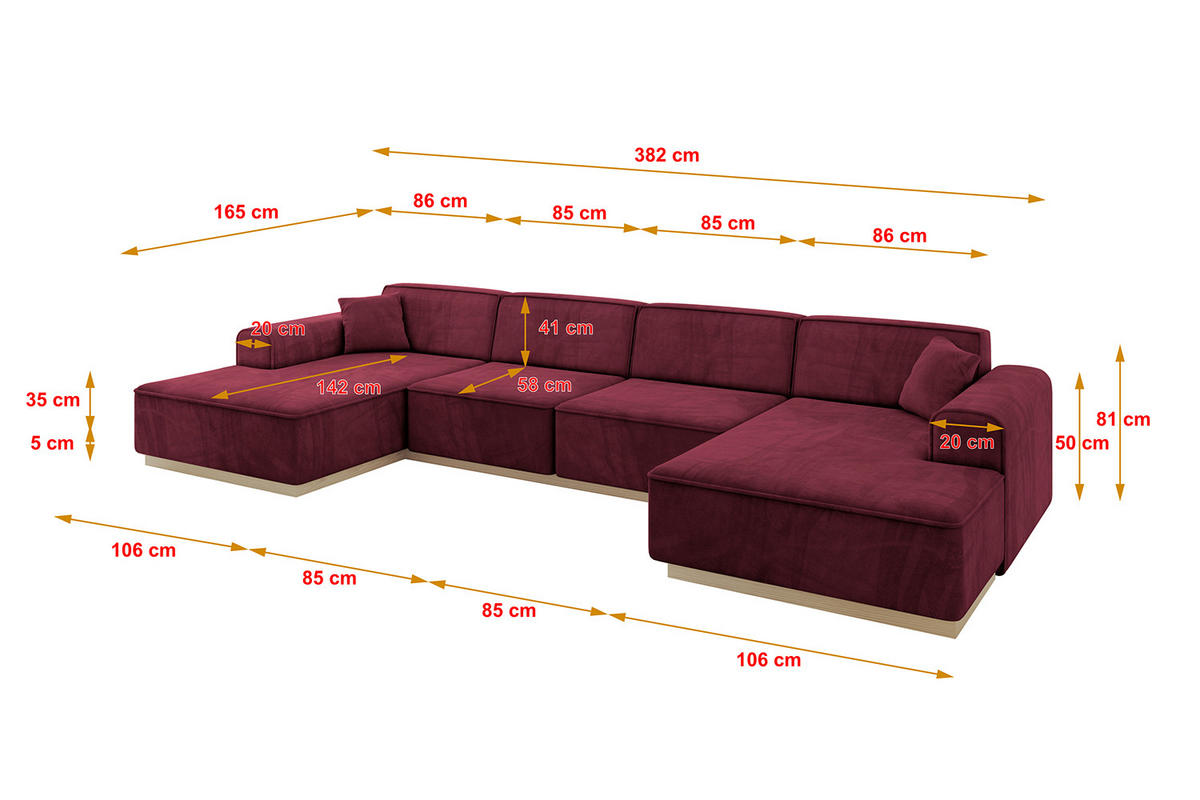 WOHNLANDSCHAFT IREA-U2 - 382x165x81 cm Bordeauxrot - Bordeaux, Holzwerkstoff/Textil (382/81/165cm) - ALTDECOR