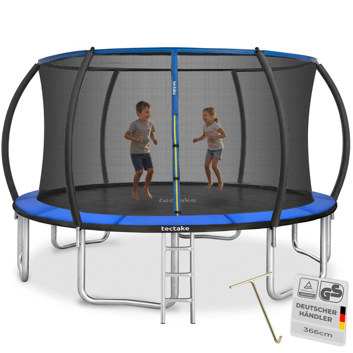 TRAMPOLIN Jumpy, inklusive Einstiegsleiter, schwarz/blau - Blau/Schwarz, Metall (394/275/394cm) - tectake