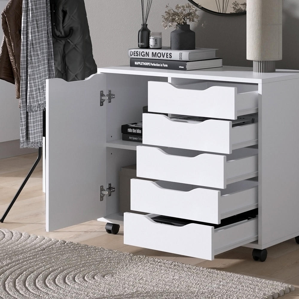 KOMMODE Otwin Weiß 78 x 61.5 cm mit 5 Schubladen und 1 Tür - Weiß, Holzwerkstoff (40.6/61.5/78cm) - Vicco