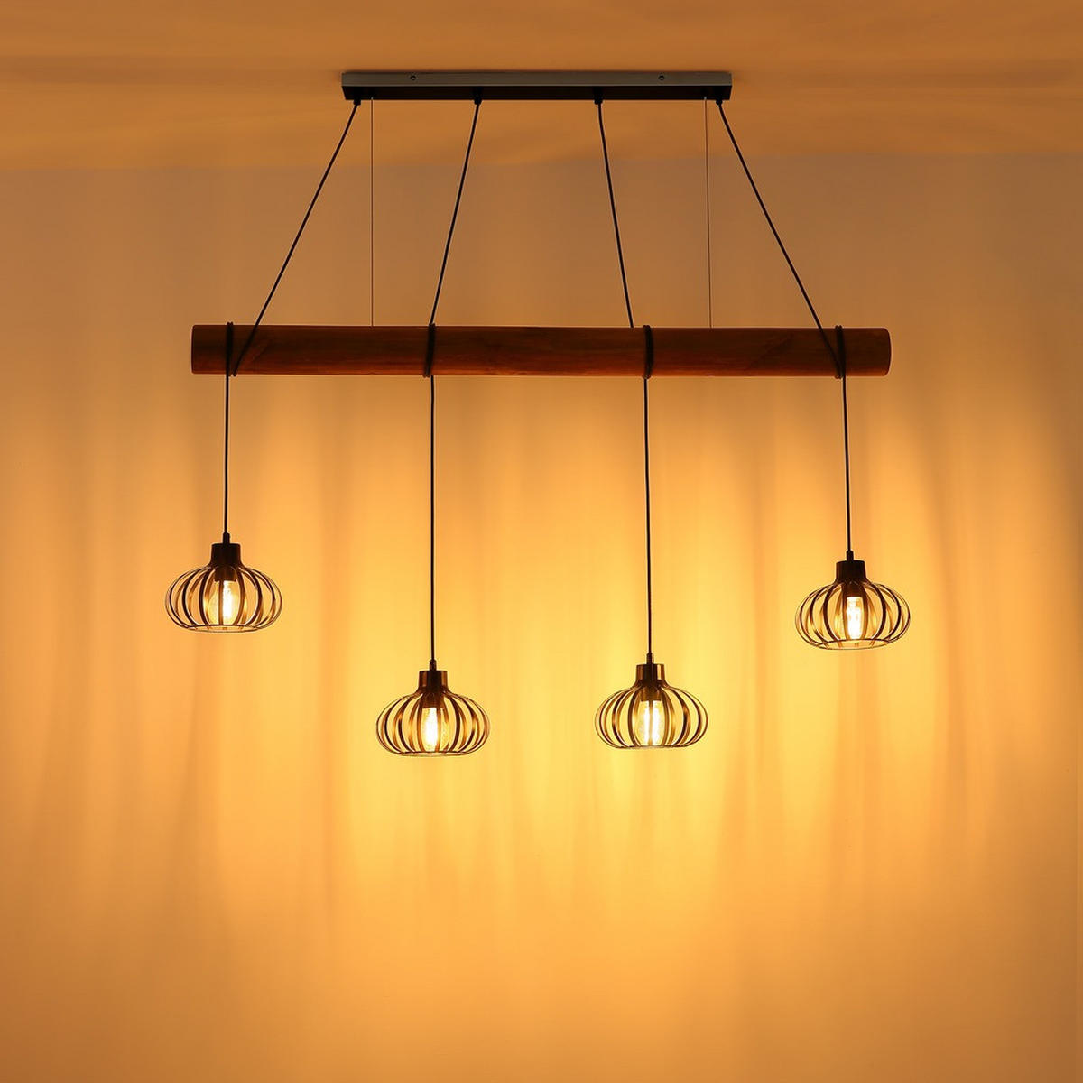 PENDELLEUCHTE CALDWELL Braun, 4-flammig, höhenverstellbar - Beige, Holz (125/20/150cm) - Globo Lighting
