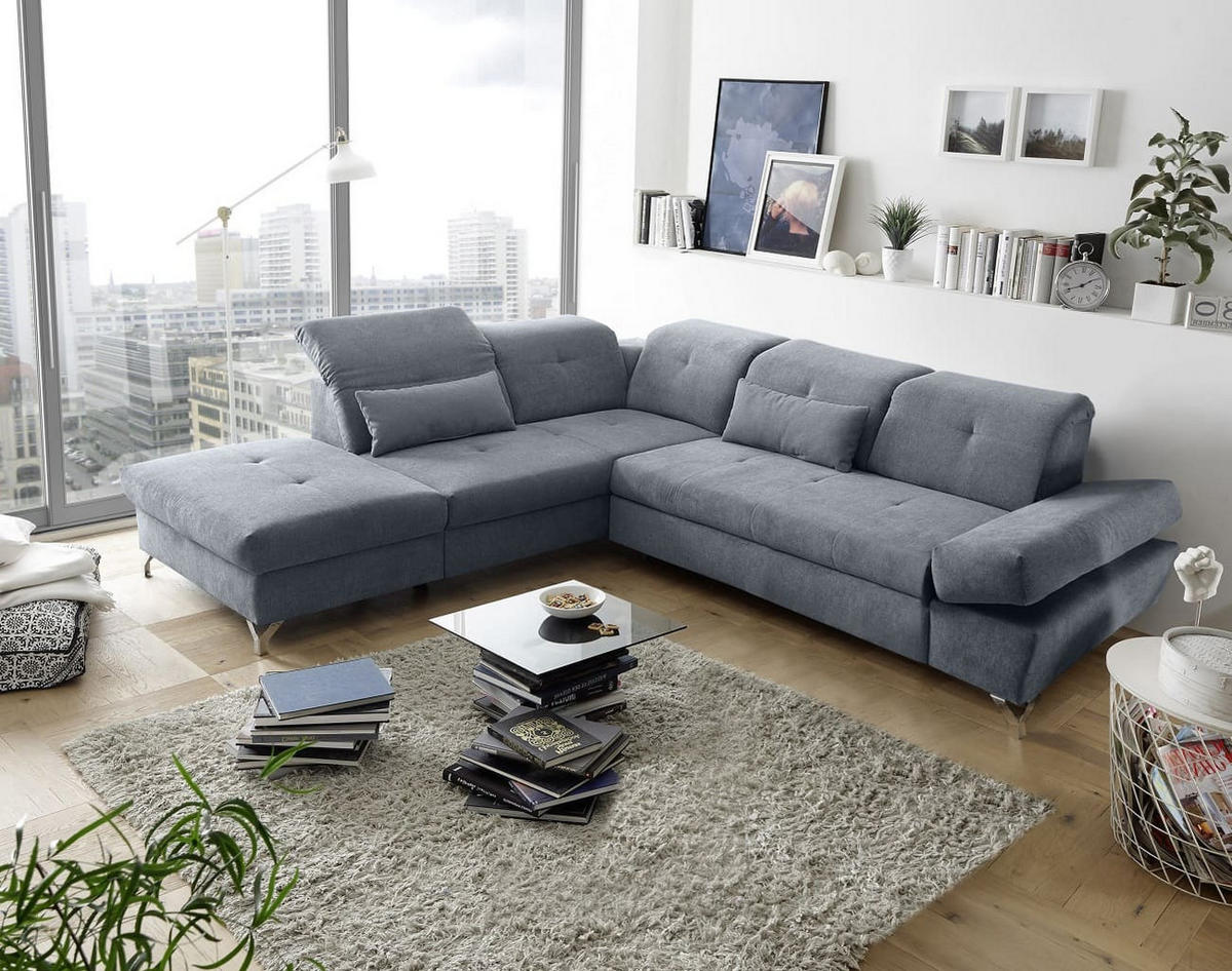 ECKSOFA mit Schlaffunktion und verstellbaren Kopflehnen - Chromfarben/Anthrazit, Textil/Metall (275/245cm) - ed exciting design