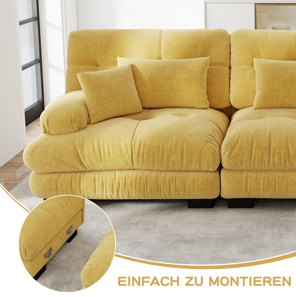 ROHOVÁ sedačka s 2 otomanmi, žltá ženilka, 220/145 cm - žltá, textil (145/220cm) - Flora Grace
