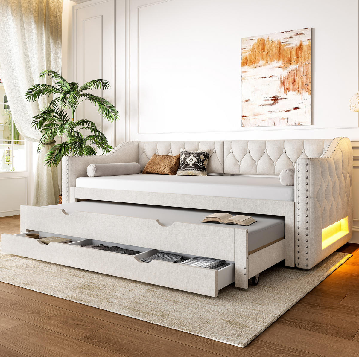 ČALOUNĚNÁ postel s te/tilním čalouněním, 90/200 cm béžové, s LED, výsuvným lůžkem a 3 zásuvkami - béžová, textil (90/200cm) - BEAOK