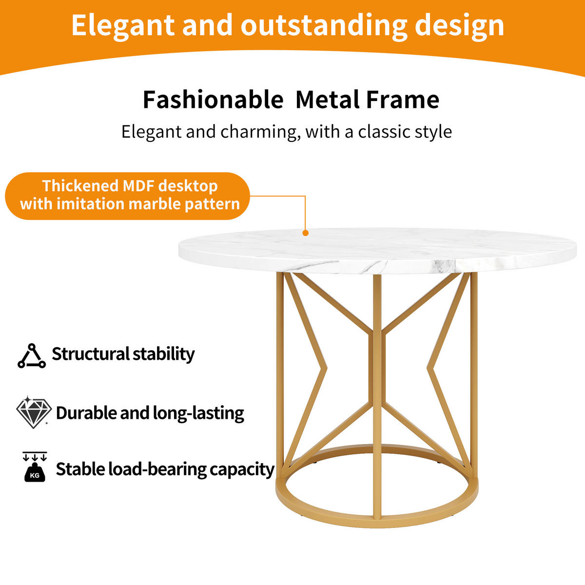 ESSTISCH 100/100/76 cm golden mit Marmorplatte und Metallbeinen - Weiß, Holzwerkstoff (100/100/76cm) - OKWISH