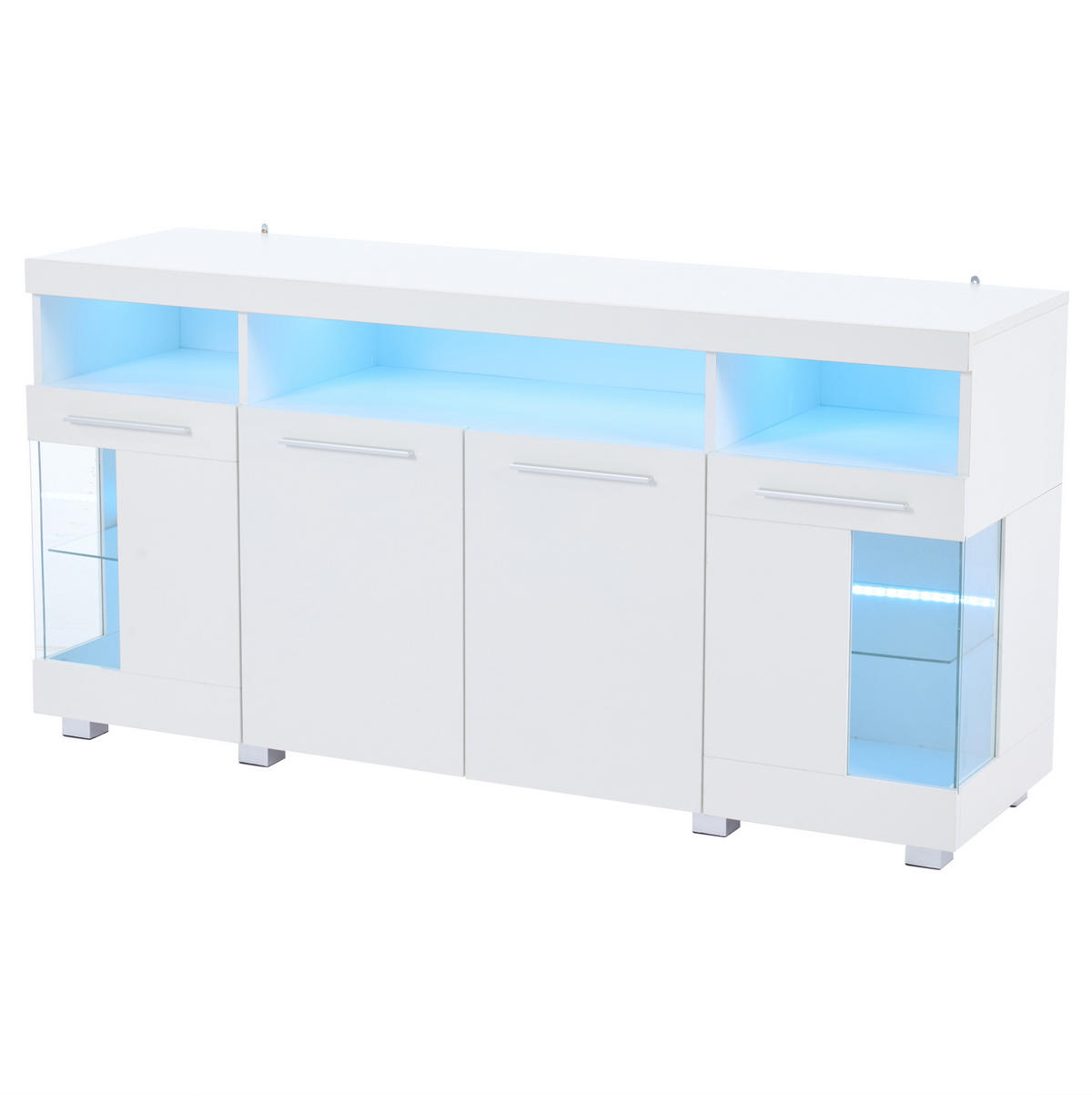 SIDEBOARD 140/40/70 cm in Weiß Hochglanz mit LED, Glastüren & 3 Schubladen - Weiß, Holzwerkstoff (140/70/40cm) - BEAOK