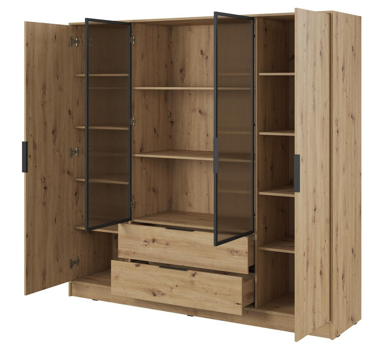 SCHRANK 206 cm mit Glas Kalma, Schubladen, 4 Türen, Eiche Artisan - Eiche Artisan, Holz (206/200/51cm) - Emporius