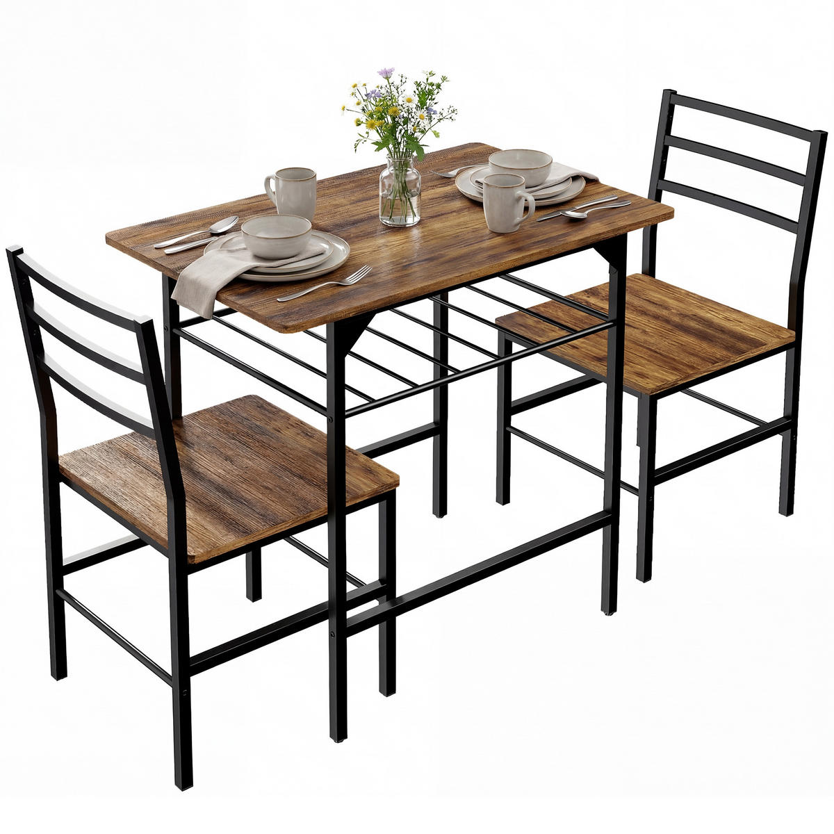 ESSGRUPPE mit Tisch und 2 Stühlen, Küchentisch mit Stühlen für 2 Personen, Metallgestell, braun - Naturfarben, Metall (80/78.8/50cm)